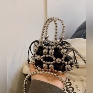 💋 NWT Unique Black mini messenger Statement crossbody tote purse bag metal chain